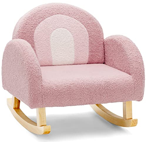 DREAMADE Fauteuil à Bascule Rembourré Enfant 3-5 Ans, Canapé d'Appoint en Velours Teddy avec Dossier Élargi, Pieds en Bois Massif, Anti-basculement, pour Salle de Jeux, Chambre, Salon (Rose)