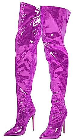 blingqueen Metallic Thigh High Boots with Zipper Sexy Pointed Toe Stiletto Heels Side Zip Up Shaft Over the Knee High Booties Mid Slim Heeled Boots Nightclub Party Wedding Dress Peach Size 13