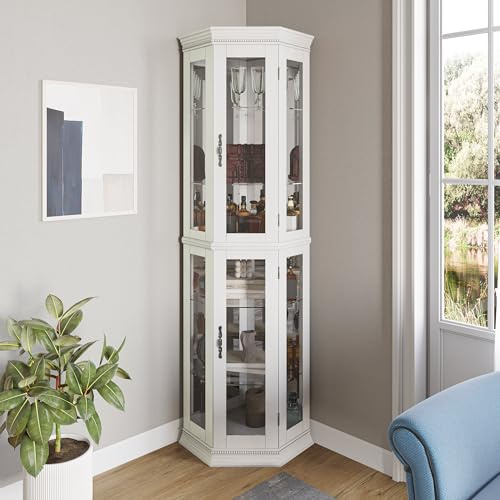 BELLEZE Lighted 3-Side Glass Display Curio Cabinet w/Tempered Glass Doors & Shelves, Accent Wooden Corner Cabinet with Bulb, Corner Storage Decoration Rack for Living Room & Bed-Room Corona (White)
