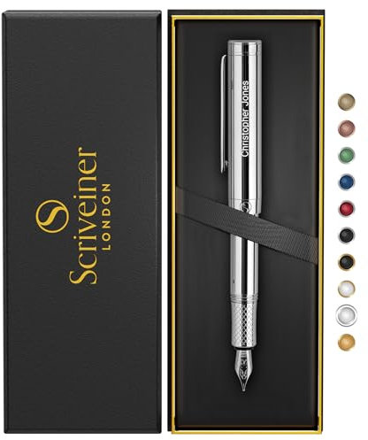 Scriveiner Personalisierter Silber-Chrom-Füllhalter (Medium), Preisgekrönter Luxus-Füllhalter, Schwerer Taschenfüller, Chrom-Ausführung, Bestes graviertes Füllhalter-Geschenkset, Namensgravur