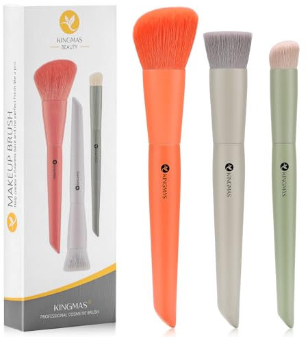 KINGMAS 3Pcs Foundation Brush & Contour Concealer Brush Under Eye & Blusher Brush Kabuki Makeup Brushes for Face Blush Bronzer Travel Buffing Stippling Contour Liquid Blending Makeup Brush set