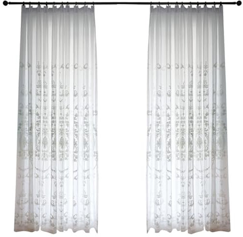 Beydodo Vorhänge Weiß 2er Set mit Haken 250x270CM, Gardinen für Schienensystem Nordisch Stickerei mit Blumen Muster Gardinenschals Polyester Halbtransparent für Wohnzimmer Schlafzimmer Küche