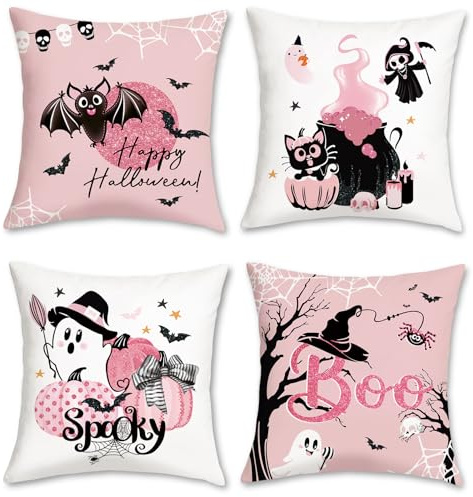 Bonhause 4er Set Kissenbezüge Halloween Happy 45 x 45 cm Kürbis Katze Geist Spooky Rosa Dekorative Kissenhülle Zierkissenbezüge für Sofa Schlafzimmer Zuhause Dekoration