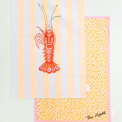 YVONNE ELLEN Lobster & Bon Appetit Tea Towels Set of 2 | Cotton Kitchen Towel for Drying Dishes, Decorative Tea Towels for Kitchen, Soft Kitchen Hand Towels & Dish Towels | 70 x 50 cm