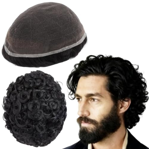 Toupet Für Männer Haarteile Weiche Schweizer Spitze 10x8 Toupet 10mm gewellte Menschliches Haar Ersatz System für Männer Haarprothese Haar Patch Units (#1 Jet Black)