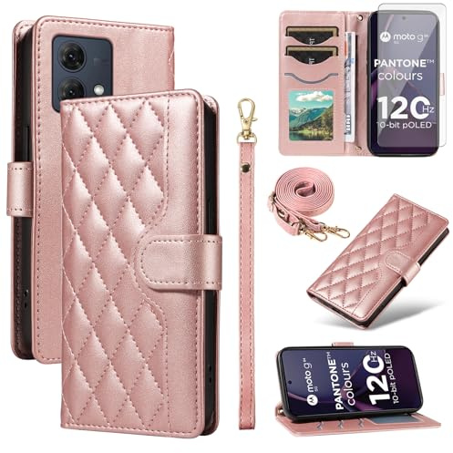 Asuwish Funda de teléfono para Motorola Moto G84 5G con protector de pantalla de vidrio templado y correa para la muñeca, tarjetero, soporte, accesorios para celulares, protección G 84 2023, para