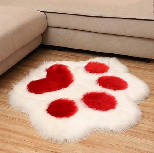 YUGWNN Niedlicher Hundepfoten Teppich,Lammfell Imitat Fellteppich Kunstfell Teppich,Schlafzimmer Teppich Kuschelig Weich Flauschig,45x45cm/17.7x17.7in,Weiß Rot