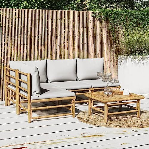 KATERYY 5-TLG. Garten-Lounge-Set mit Hellgrauen Kissen Bambus,Modernes GartenLoungeSet aus Bambus für höchsten Sitzkomfort im Außenbereich
