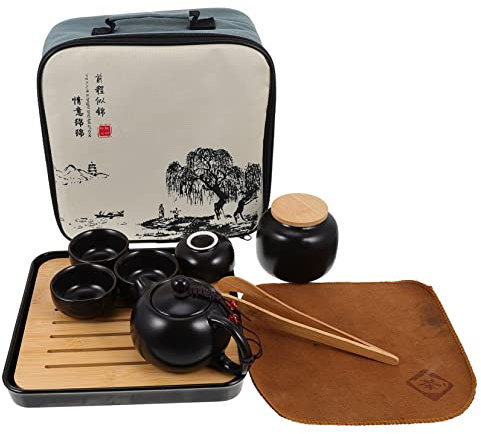 Amosfun Service à Thé De Voyage Kung Fu En Céramique Noire, Théière Portable 1 Théière Et 4 Tasses, Paquet De Transport Compact, Pour Usage Extérieur Et Maison