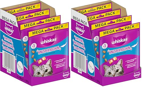 Whiskas Knuspertaschen Katzensnacks mit Lachsgeschmack, 4x180g (8 Packungen) - unterschiedliche Produktverpackungen erhältlich