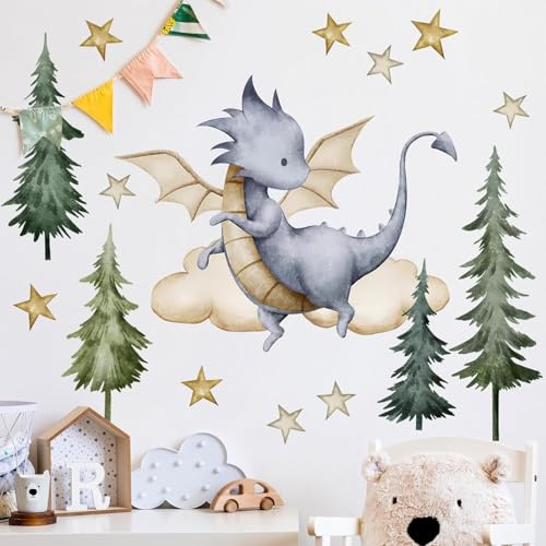 WandSticker4U®- XXL Wandtattoo DRACHEN im WALD blau groß (109x53 cm) I Groß Drache Wandaufkleber Babyzimmer Tiere Sterne Wolken I Dino Wandsticker Kinderzimmer Deko Junge Mädchen selbstklebend