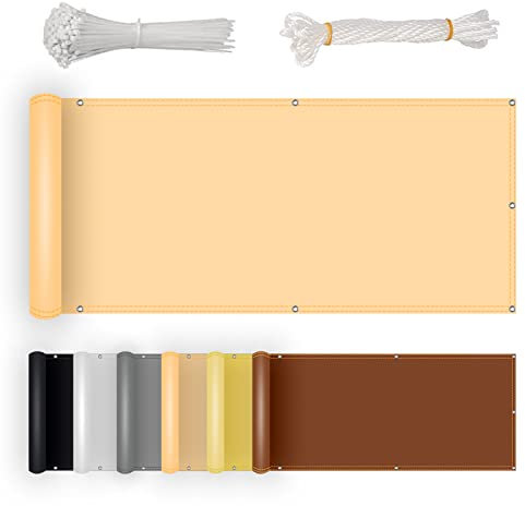 Parasol para balcón y jardín, 110 x 550 cm, resistente a la intemperie, con bridas y cuerda, opaca, resistente al viento, poliéster para jardín, color beige arena