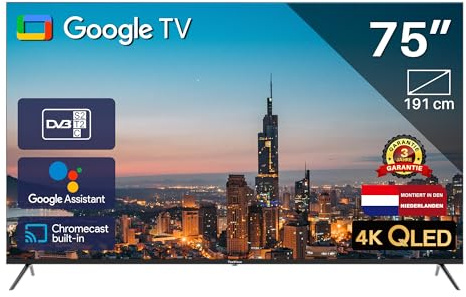 TEEVIEW Google Smart TV | QLED 4K UHD | 75”/191cm | Frameless Design | Tripple Tuner DVB-T/T2/S/S2/C | HDMI x3, USB x2, CI+ | Sprachsteuerung & Streaming-Apps | In Eindhoven montiert | TV75QQG-EU