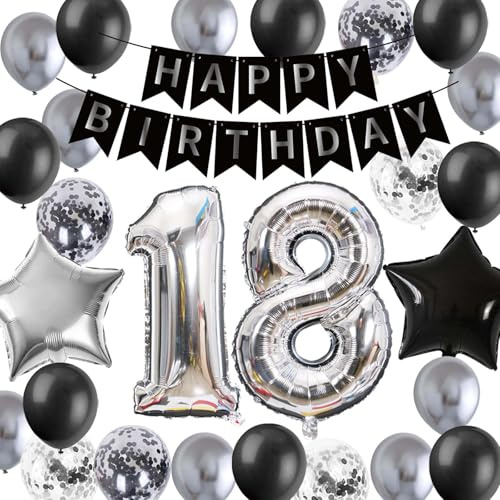 Schwarz Silber 18. Geburtstag Dekoration, 18. Banner Nummer 18 Folienballons Metallic Silber 18. Konfetti Latex Luftballons für Mädchen Jungen Freund 18 Jahre Geburtstag Partydekoration