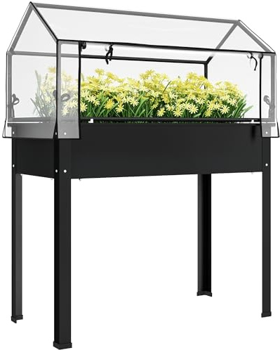 Outsunny Hochbeet mit Abdeckung Wetterbeständig 100 x 48 x 124 cm Schwarz | Kräuterhochbeet mit Ablauflöchern, Pflanzkasten aus Metall, Gemüsebeet, Gartenbeet, Pflanzbeet für Garten, Balkon