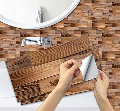 Piastrelle adesive 3D effetto legno, impermeabili, in PVC, decorazione da parete per cucina, bagno, paraschizzi, design in finto legno, 15 x 30 cm