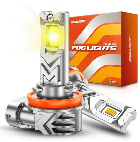 SEALIGHT H16 H11 H8 LED Fog Light Bulb Yellow, 17000 Lumens 800% Brighter, Enhanced Penetration in Fog Rain and Snow, Amber Yellow H11 LED Fog Lights, 1:1 Mini Size Plug and Play, Pack of 2