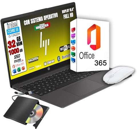 Hp 250 G10 Computer Portatile Notebook, Intel i5-1334u 10 Core 3.4Ghz, Display 15.6'' FHD, Ram 32GB, SSD 1TB, Windows 11, Pronto all'uso con OFFICE 365, mouse usb + lettore dvd.