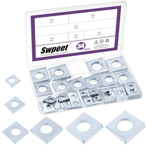 Swpeet 34Pcs 6 Tamaños M8 / M10 / M12 / M16 / M18 / M20 Plata Galvanizada Biselada Arandelas Cuadradas Kit de la Variedad, en Forma de Cuña en Acero al Carbono liso para Nivelación
