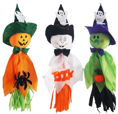 KEQAR 3 Pezzi Manica a Vento di Halloween, Decorazioni Appese Fantasmi per Finestre, Terrazza, Prato, Giardino (Decorazioni)