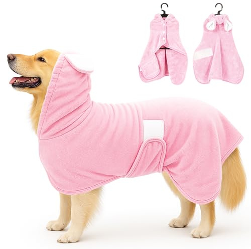 Fnaobai Badrock för husdjur, hund, katt, torkrock, superabsorberande söta hundar, badhandduk med huva, justerbar krage och magrem för XSmall till XLarge husdjur (rosa, XL)