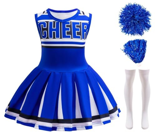Lito Angels Cheerleader kostym, klänning, outfit, utklädnad med pompoms och strumpor för småbarn, flickor, storlek 12–13 år 158, blå