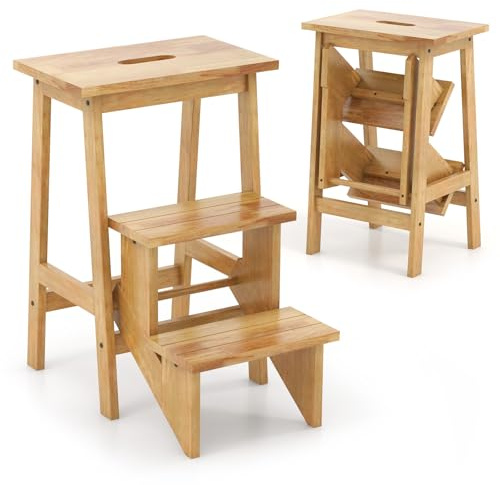 GIANTEX Taburete Escalera Plegable de 3 Peldaños, Escalera de Madera de Caucho con Asa Calada, 41 x 56 x 61 cm, Carga 270 kg, Taburete Multifuncional para Estudio, Cambiador, Almacén (Natural)