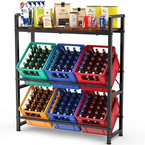 Cozxra Ripiano Porta Casse 6 Cassette, Porta per Bottiglie con Partizione, Scaffale per Casse di Bevande in Metallo Stabile e Robusta, Treppiede Regolabile, Acqua per Cucina/Panetteria/Garage/Bar