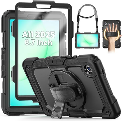SEYMCY for Samsung Galaxy Tab A11 Case 8.7 Inch 2025 | Full Body Shockproof with Screen Protector, Rotating Hand Strap & Stand, Shoulder Strap for Samsung A11 Tablet Case, Black