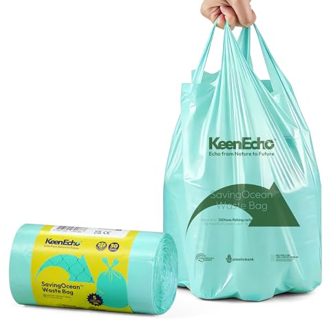 KeenEcho 20L 50 Counts Small Green Bin Liners with Handle, Ocean Fishing Nets Upcycling, Sage & Sea Salt Scented, Plastic Bin Bags, Garbage Bags for Kitchen, Bathroom, Office and Pets