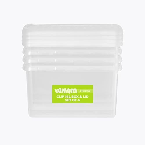 Wham Clip 4 x 14L Rectangular Stackable Plastic Storage Boxes with Lids | Ideal for Home, Office, Toys & More | Storage Containers with Clip Locks | Made in UK - Clear/Clear