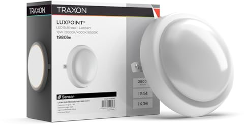 TRAXON LUXPOINT® Aplique Exterior LED Redondo 18W 1980Lm con Sensor Crepuscular CCT IP44 Blanco – Luz Pared Jardín Terraza (Blanco redondo con Sensor, 18 Watios)