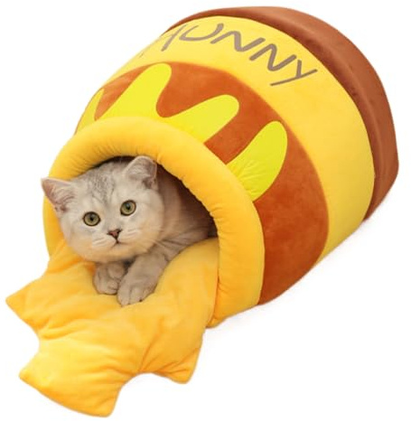 Lit pour Chat – Nid de Grotte Semi-fermé au Design Pot de Miel, Jolie Grotte pour Animaux de Compagnie avec Rembourrage Doux, lit Douillet et Chaud | Retraite sécurisée pour Chatons et Petits Chiens,