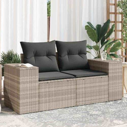 Holamys Gartensofa mit Kissen, 2-Sitzer Hellgrau aus robustem Poly Rattan, mit Stauraum und wasserfestem Beutel, für Terrasse und Garten