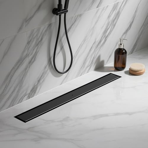 KINKIBOS Canaleta para ducha con revestimiento de azulejos, 80 cm, color negro mate, sifón de 360° con filtro antiolores y filtro para el pelo, acero inoxidable 304, desagüe para el suelo, desagüe de