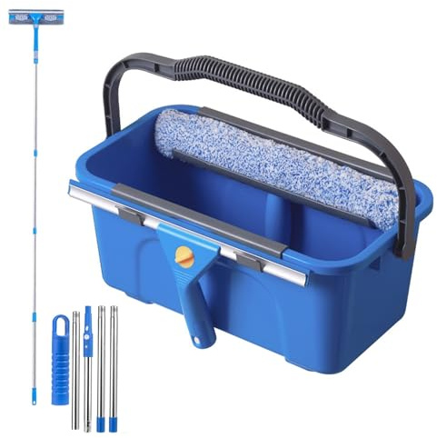 Fensterreiniger Set, Profi Fensterputzer mit Eimer 12L, Fensterputzer Komplett-Set mit Fensterabzieher, Fensterreinigungs Set für Haus, Fenster, Glas, Auto, Camper (4 * 40 cm Verlängerungsstange)