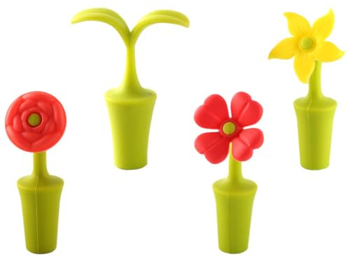 Healifty Silikon Weinverschluss Nicht Verformbar und Bruchsicher in Kreativen Blumenformen 4 Stück mit Rose Sonnenblume Kleeblatt und Blatt für Weinflaschenverschluss