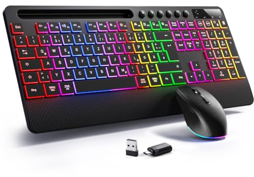 Hamile Tastatur Maus Set kabellos Beleuchtete mit Handyhalter, 2,4G QWERTZ | USB-A/C Wiederaufladbar Tastatur mit Handauflag, Ergonomische Full Size Geräuschlos für Windows, PC und Mac, Schwarz