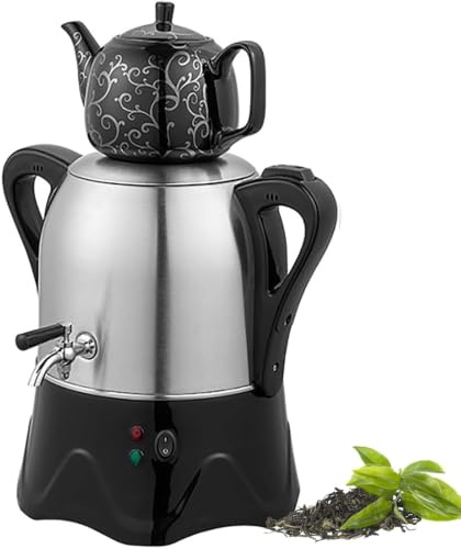 Turkisk elektrisk tebryggare, Samovar i rostfritt stål med 3 L vattenkokare och 1 L keramisk tekanna, elektrisk vattenpanna med två lager för traditionell tebryggning, automatisk varmhållningsf black