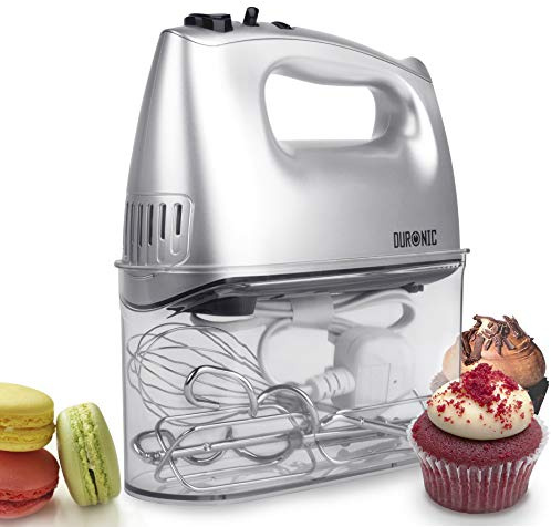 Duronic Hand Mixer for Baking Electric Whisk Handheld HM4SR Storage Stand Case Silver 5 Speed Turbo 400W 2 Beaters 2 Dough Hooks 1 Whisk