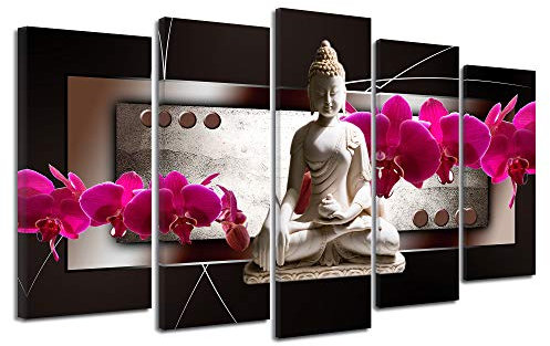 DECLINA Tableau Bouddha ET ORCHIDÉES - Impression sur Toile décoration Murale Zen - Déco Maison, Cuisine, Salon, Chambre Adulte - Rose 150x80 cm