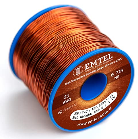 Emtel 0.724 mm (21 AWG) - 500 gr (1 LB) - 134 Meter Emaillierter Kupferdraht - Wärmeklasse 220°C (428°F) - Doppelt isolierter Wickeldraht für Elektromotoren, Transformatoren und Magnetspulen