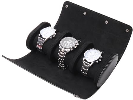RWXCOW 3 Slots Uhrenbox Retro Pu Leder Uhrenrolle Reisetasche Elastische Uhr Veranstalter Halter Schmuck Aufbewahrungsbox für Uhr Zubehör schwarz