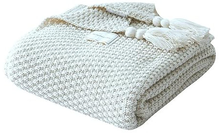 MOBUKJUU Bedding Home Sofa gestrickte Überwurfdecke, nordischer weicher Fadendecke mit Quaste, Sofa, Heimtextili, modischer Umhang, Strickdecke (110 cm x 150 cm, weiß)