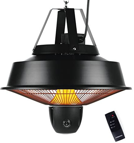 Hoberg Infrarot Deckenheizstrahler 2000W | Elektrischer Terrassenstrahler mit 3 Heizstufen & Fernbedienung | Mit 2 Carbon-Heizelementen | Für In- & Outdoor | inkl. Kette & 2 Haken [Schutzklasse IPX4]