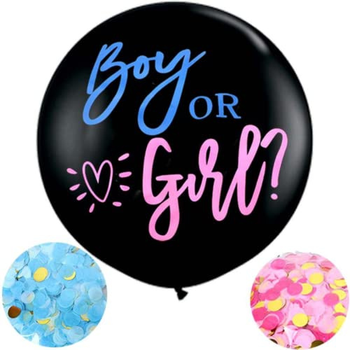 FLG | Gender Reveal Ballon Helium XXL Schwarz mit Boy or Girl? Druck - Größe: 90 cm - Latexballon inklusive Rosa & Blauen Konfetti + Nadel Geschlechtsenthüllungsfeier Balloon | Boy or Girl? Druck, Latexballon, Rosa & Blaue Konfetti inklusive, Nadel inklusive, Geschlechtsenthüllungsfeier