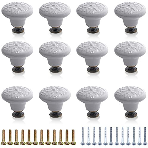 Litoexpe 12 Stück Keramikknöpfe, dekorativer Knauf, Küchenschrankknöpfe, Schubladenzieher, Türknöpfe, Schubladengriffe mit Befestigungsschrauben, 3,5 cm Durchmesser, Weiß