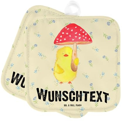 Mr. & Mrs. Panda Personalisierte Topflappen Küken Fliegenpilz - Geschenke, Ostern, Ostergrüße, Personalisiert, Glückspilz, Personalisierter Ofenhandschuh, mit Namen, Set, Topfuntersetzer, Frohe