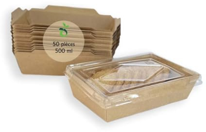 ECOPICNIC Lot de 50 Lunchbox en Kraft 500 ML avec Couvercle | Boîtes Alimentaires jetables en Carton Kraft pour Repas à emporter, barquettes écologiques avec Couvercle pour salades, gâteaux
