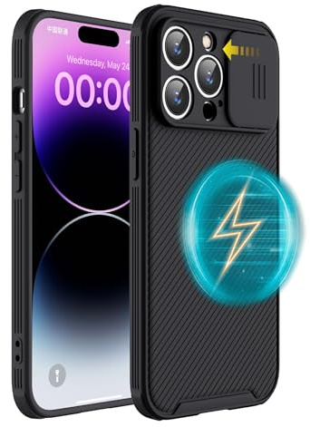 Hitaoyou Slim Magnetic Case for iPhone 15 Pro Max Case Compatible with Magsafe, iPhone 15 Pro Max Camera Protection Case [Support Wireless Charging] with Slide Lens Cover, Black